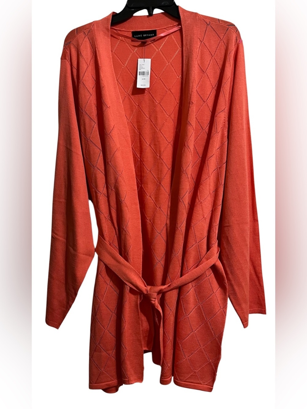 NWT Lane Bryant Women’s Coral Orange Diamond Pattern Knit Belted Cardigan 26/28